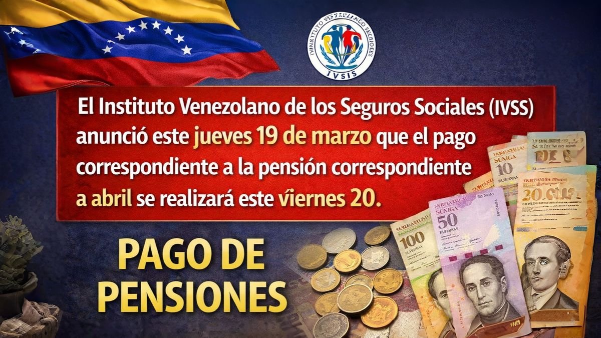El Instituto Venezolano de los Seguros Sociales (IVSS) anunció este jueves 19 de marzo que el pago correspondiente a la pensión correspondiente a abril se realizará este viernes 20.